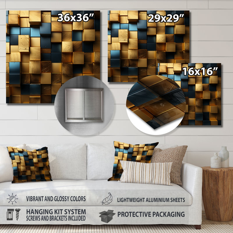 Grunge Gold Cubes Abstract Geometric II - Geometric Metal Wall Art, 16" H x 16" W