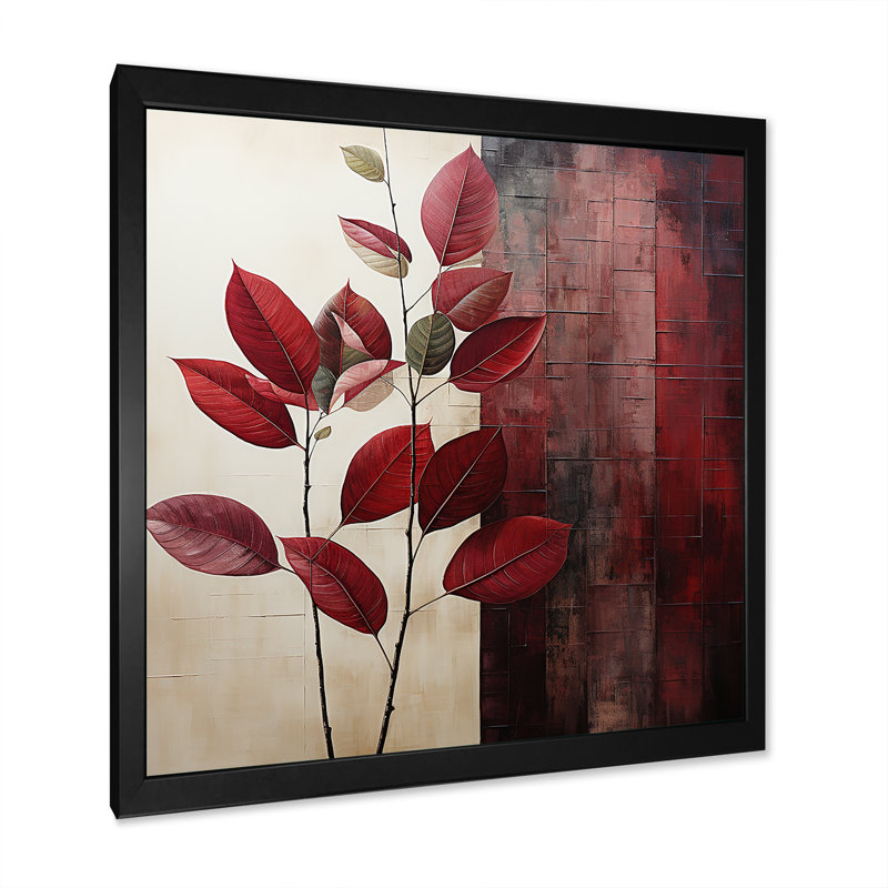 Bordeaux, feuille audacieuse II - feuilles, art mural, Cadre simple noir, H 16 po x l 16 po x P 1 po