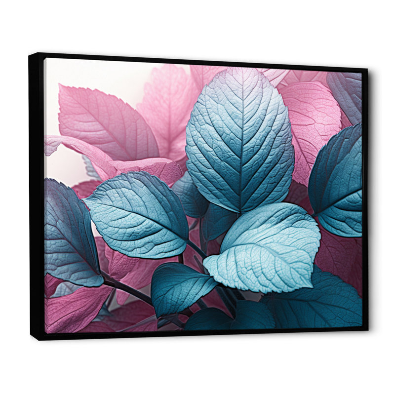 Feuille de splendeur rose turquoise sur toile, Cadre flottant noir, H 12 po x l 20 po x P 1 po