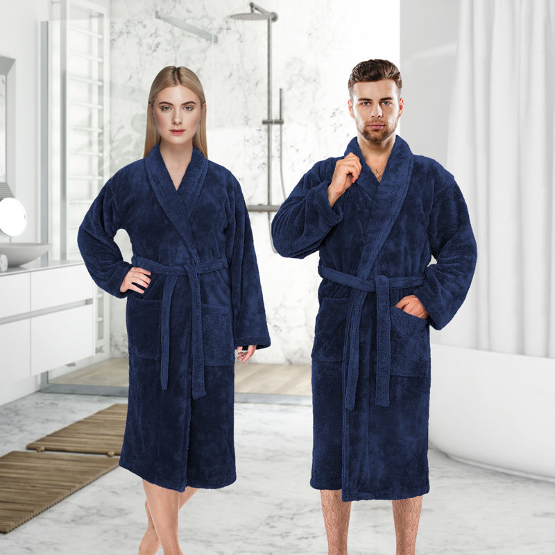 Navy Blue L/XL Fleece Bathrobe with Shawl Collar