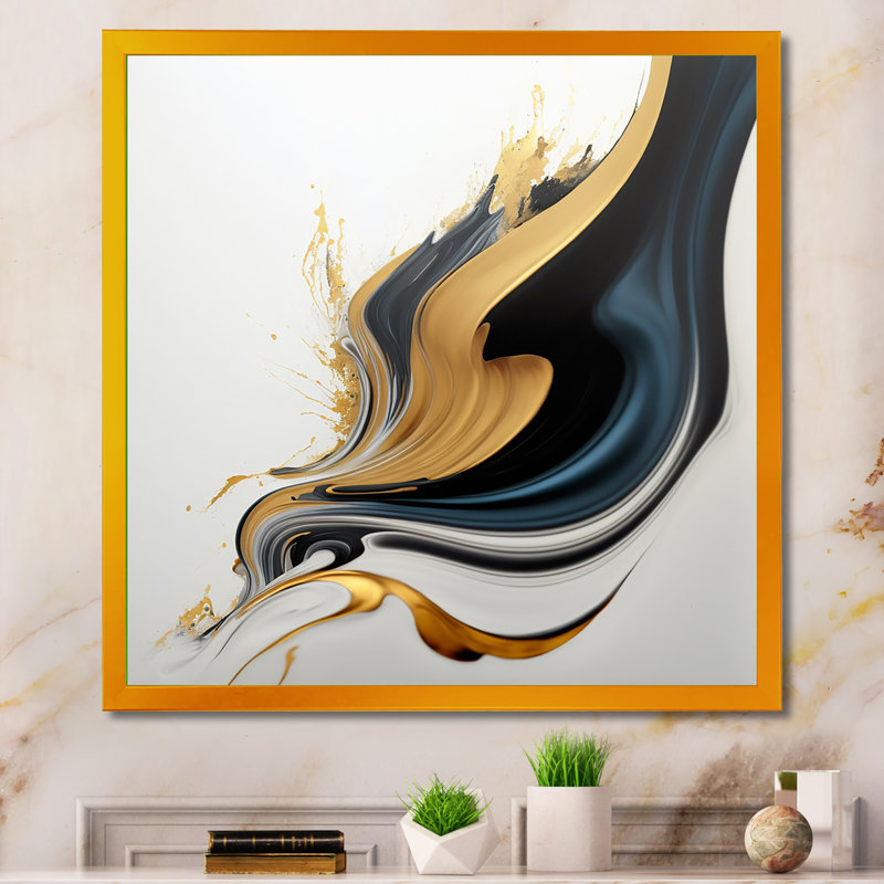 Art liquide noir, blanc et or III - peinture sur toile, H 16 po x l 16 po x P 1 po, Impression dorée sur toile encadrée