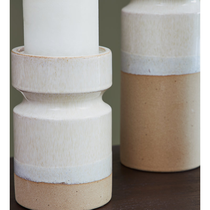 Beige and White Glazed Ceramic Candle Holders Set of 3