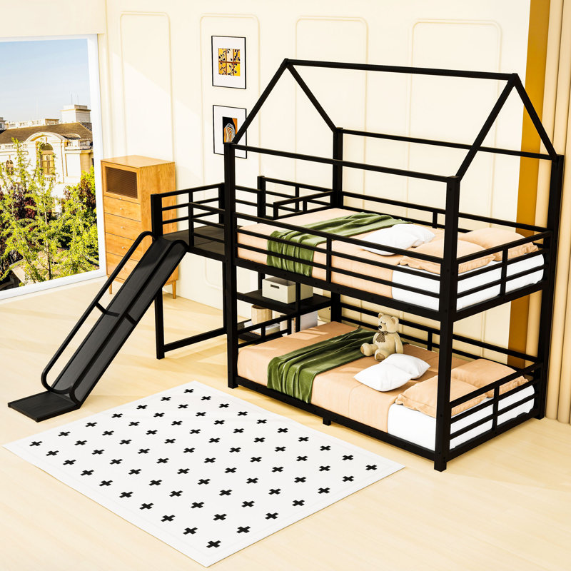 Lit superposé en métal avec glissière et garde-corps en forme de maison, Simple sur simple