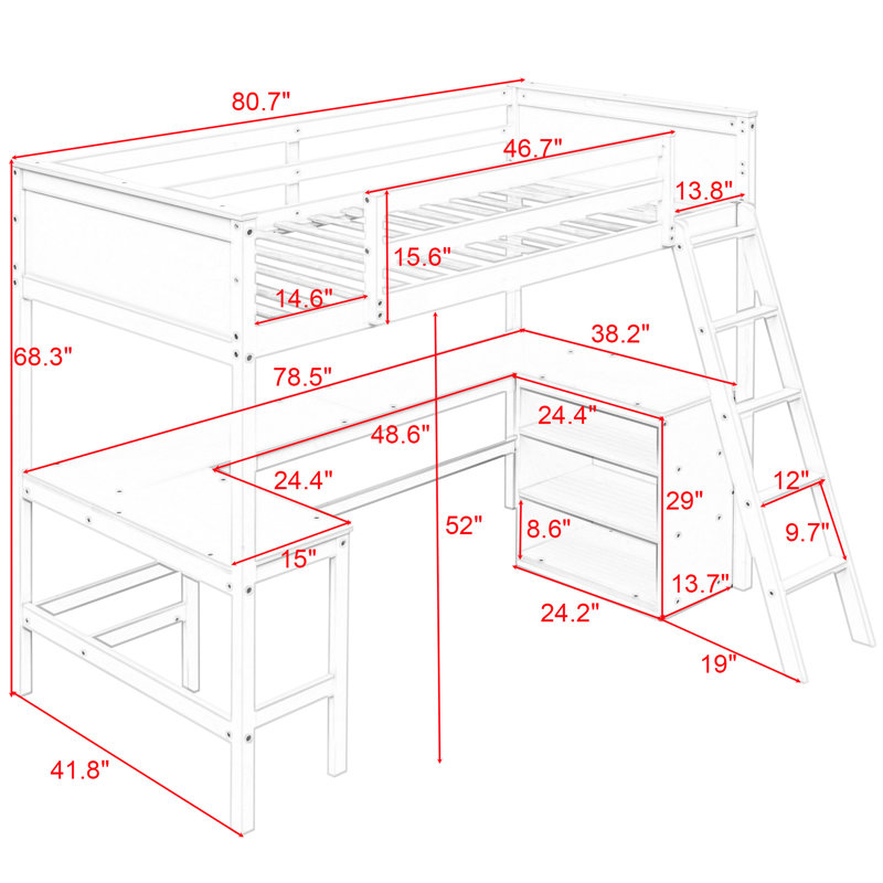 Lit mezzanine simple pour enfants avec tablettes et bureau, Espresso