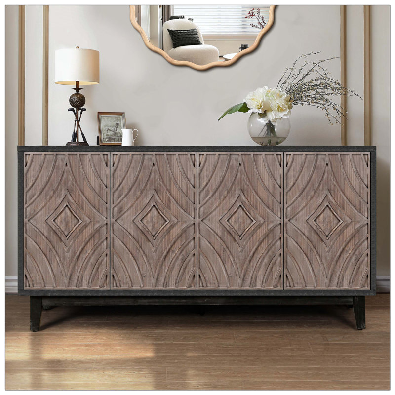 Buffet Mid Mid Century Buffet avec pieds en bois massif, armoire de rangement avec 4 portes en losanges et 2 tablettes décoratives pour le salon, etc.