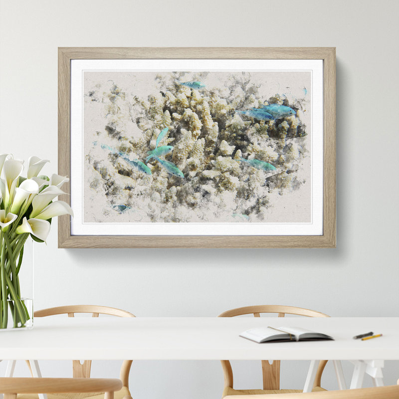 Coral Reef and Blue Fish - Picture Frame Painting, Oak, 65cm H x 90cm W x 2cm D