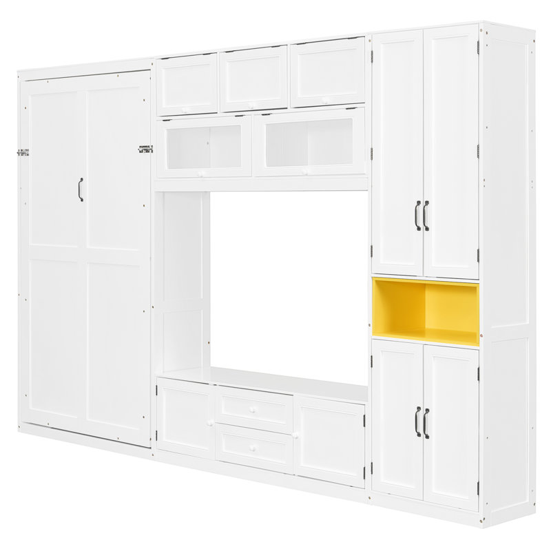 Lit escamotable simple en bois avec meuble télé, 2 tiroirs, tablettes et armoires, Blanc