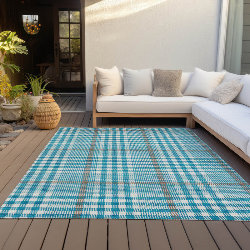 Teal and White Synthetic Washable Rectangular Rug