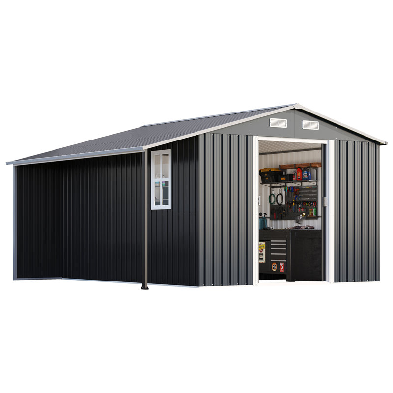 AMERLIFE Outdoor Storage Shed, Metal Shed with Sliding Doors Two 4-Pane Windows, Open Outdoor Shed for Wood Storage