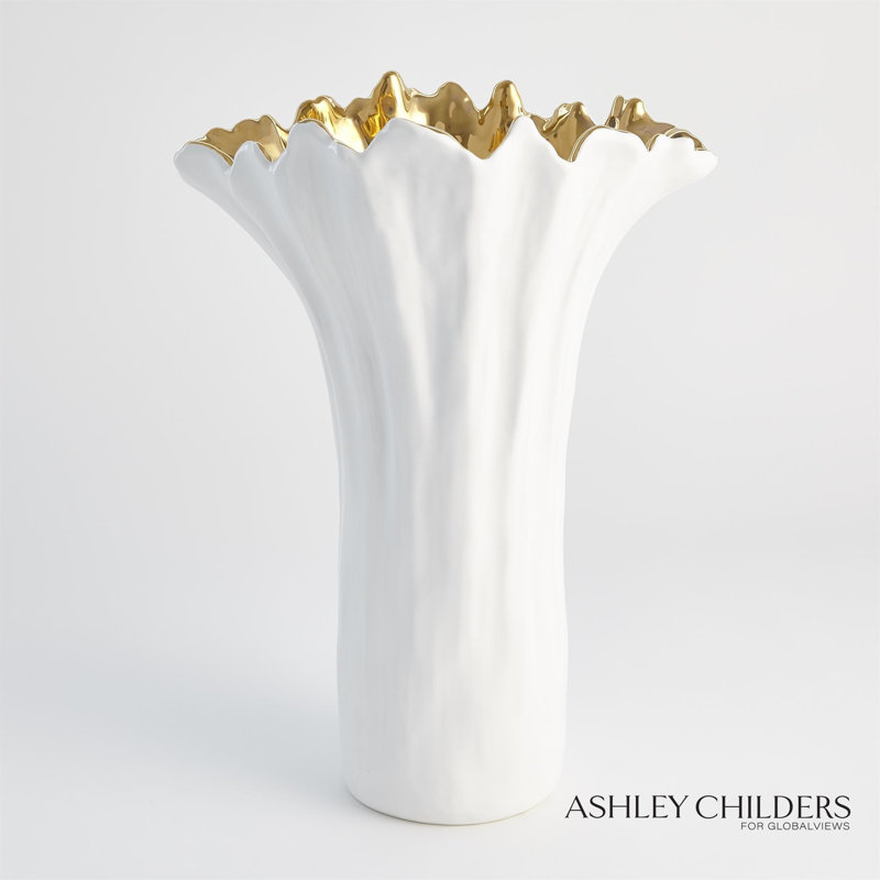 Organic Wave Oval Bowl-White-Lg, White/Gold