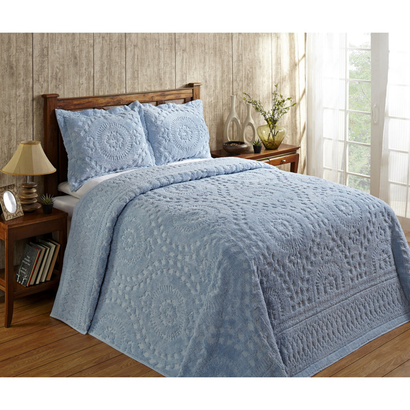 Rio Collection 100% Cotton Chenille Full/Double Bedspread Set, Traditional Bedding with Tufted Medallion Coverlet & Matching Shams, OEKO-TEX Certified, Soft, Breathable, Machine Washable, All-Season, Blue