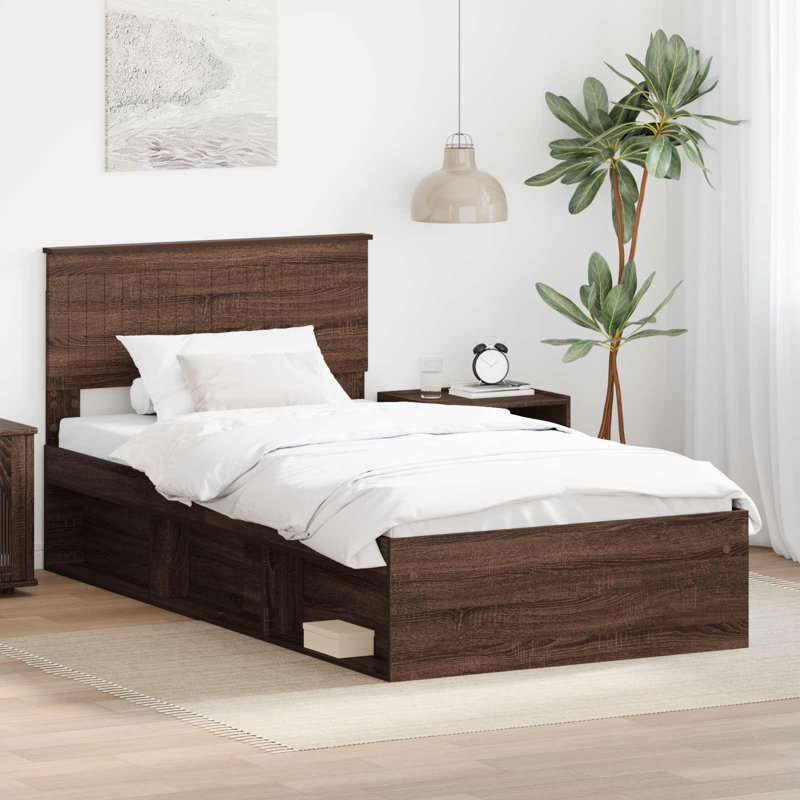 Solid Wood Bed, 100 x 200cm, Brown Oak