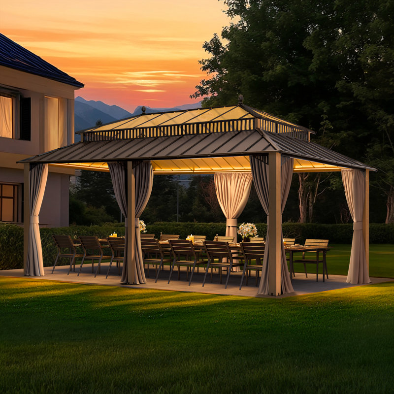 SUNJOY Kingston 20x12 Gazebo, Steel & PC Roof Hardtop Gazebo with Curtain and Netting -  Aluminum Posts, Wood Grain