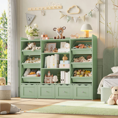 🧸 4-Tier Kids Bookcase with Drawers and Bins, All-in-One Toy Storage Organizer for Playroom