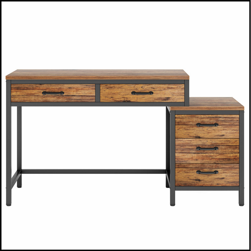 Bureau d'ordinateur réversible de 51 pouces avec 5 tiroirs et classeur, bureau à domicile rustique avec support pour imprimante, table d'écriture industrielle pour petits espaces