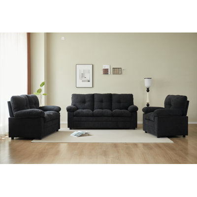 Ensemble de salon 3 pièces avec canapé en tissu noir