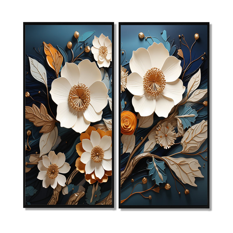 Blanc et or, charmante fleur printanière II, art mural traditionnel sur toile, H 32 po x l 32 po, Noir