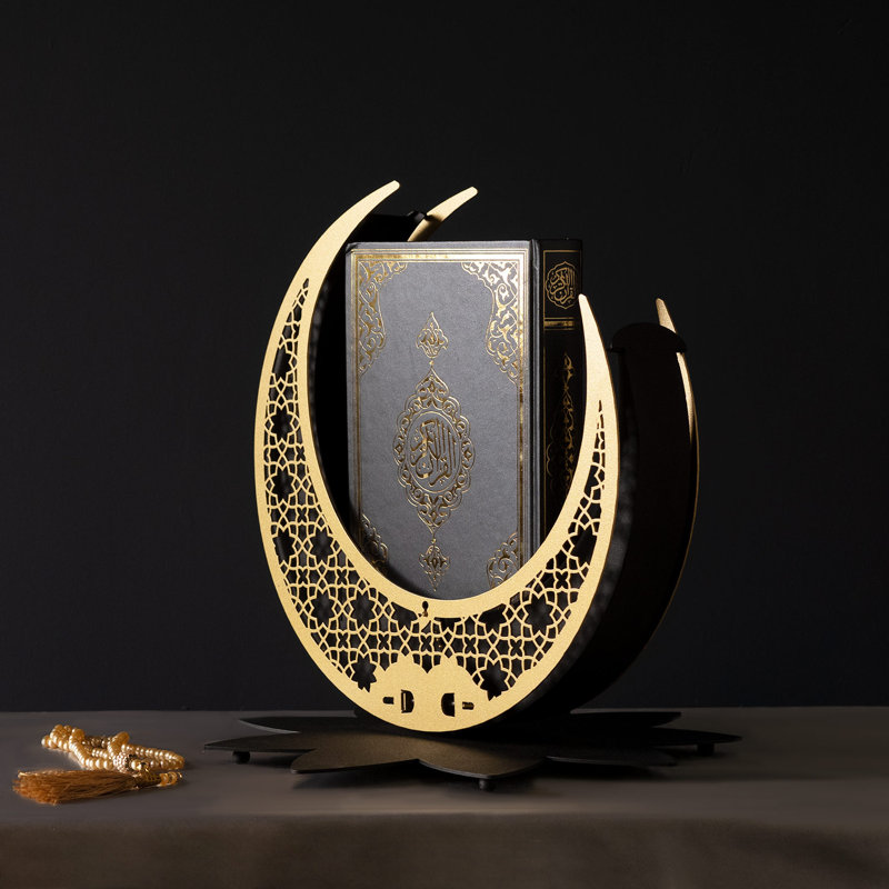 Metal Hilal Qur'an Stand With Qur'an, Black/Gold