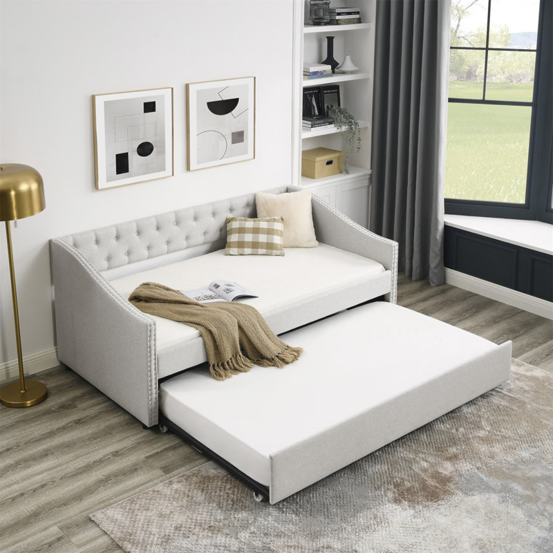Twin Size Daybed With Trundle, Upholstered Tufted Sofa Bed, Elegant Button Back And Copper Nail Waved Arms, Beige, Twin