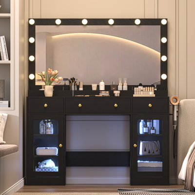 Bureau de coiffeuse avec prise de courant, miroir éclairé, coiffeuse à maquillage noir avec grand tiroir de rangement, armoire et panneau pliable