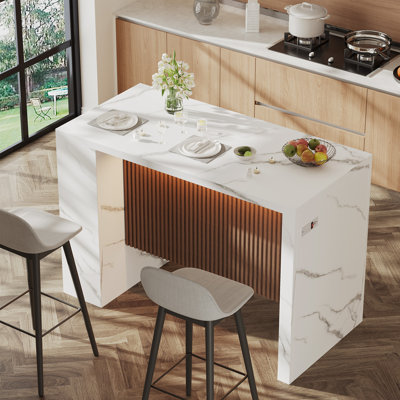 Table de bar à motif de marbre blanc avec bande lumineuse RVB réglable, table de salle à manger rectangulaire pour cuisine, table de comptoir moderne en faux marbre pour îlot de cuisine, salle à manger, appartement, table seulement