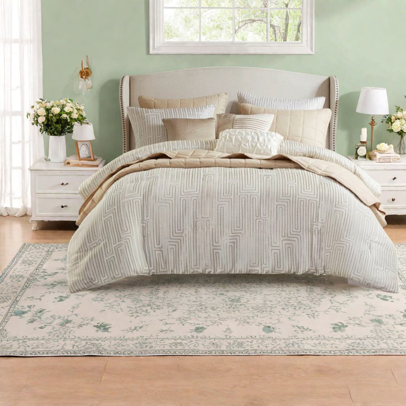 Ensemble de literie luxueux très grand californien, jacquard en polyester, élégant design ivoire pour toutes les saisons