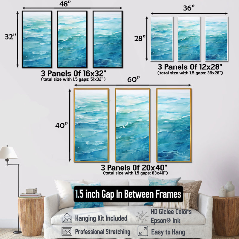 «Blue Ocean In Motion Scenery VI», ensemble d'art mural sur toile océan, Cadre flottant noir, H 32 po x l 48 po x P 1 po