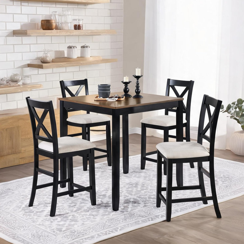 Ensemble de table de salle à manger à hauteur de comptoir peu encombrante avec 4 chaises, structure carrée en bois massif, plateau en panneau de fibres à densité moyenne et sièges en tissu noir foncé et chêne, pour la petite cuisine ou la salle à manger