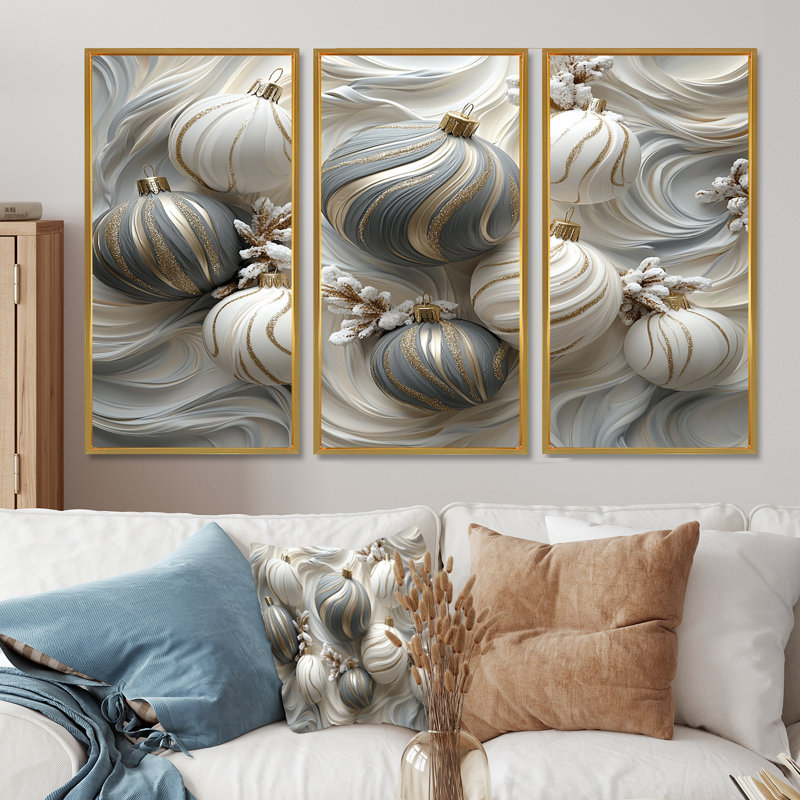 «White and Grey Christmas Peppermint Swirl», ensemble de reproductions d'art mural de Noël, Toile avec cadre flottant or