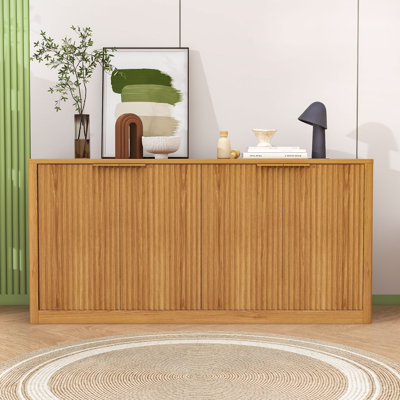 Rustic Wave Design Wood Sideboard Buffet Cabinet with Hidden Storage
