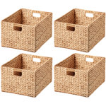Rectangular Natural Water Hyacinth Hand Woven Rattan Wicker Storage Basket Set with Iron Wire Frame