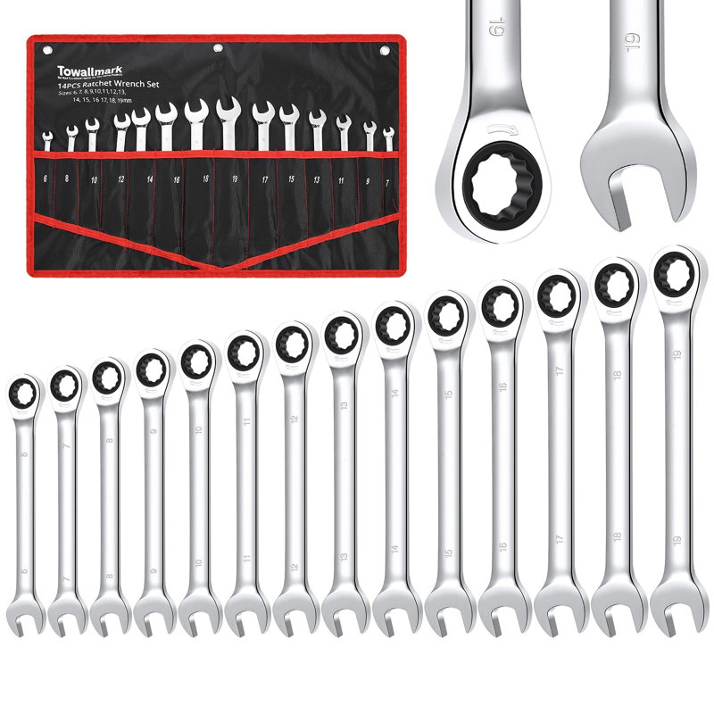 Ensemble de 14 clés à cliquet à tête fixe métriques de 6 à 19 mm à tête fixe en acier au chrome vanadium avec sac de transport
