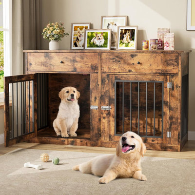 Meuble de 60 po pour 2 chiens avec 2 grands tiroirs de rangement, un chenil d'intérieur en bois et un meuble télé pour petits et moyens chiens 60 po