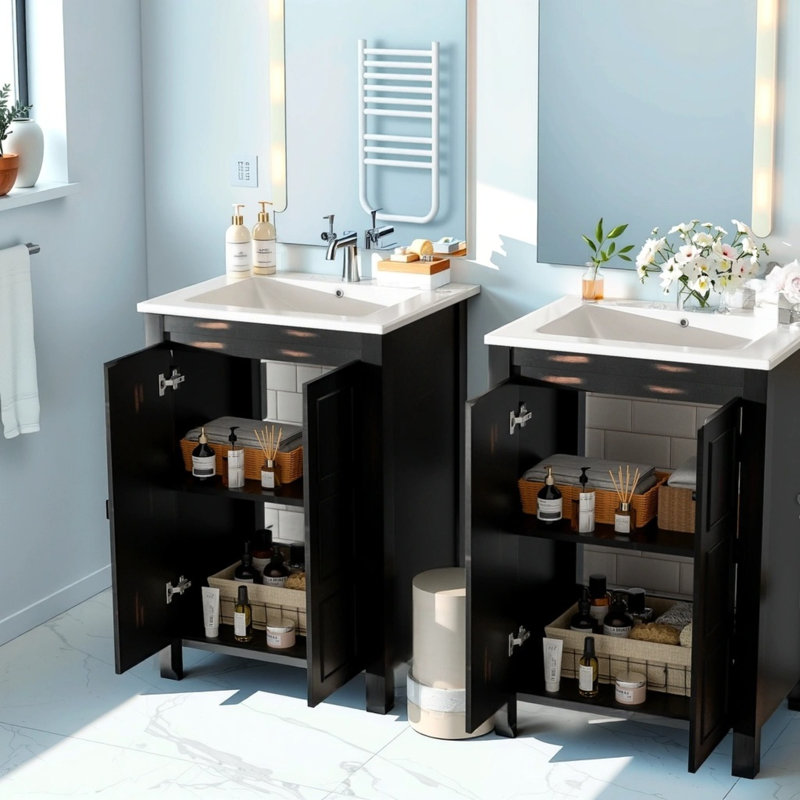 Ensemble de meuble-lavabo antique 48 po - Meuble-lavabo double avec lavabos en céramique, tablette réglable et armoires à fermeture en douceur pour salles de bain rétro