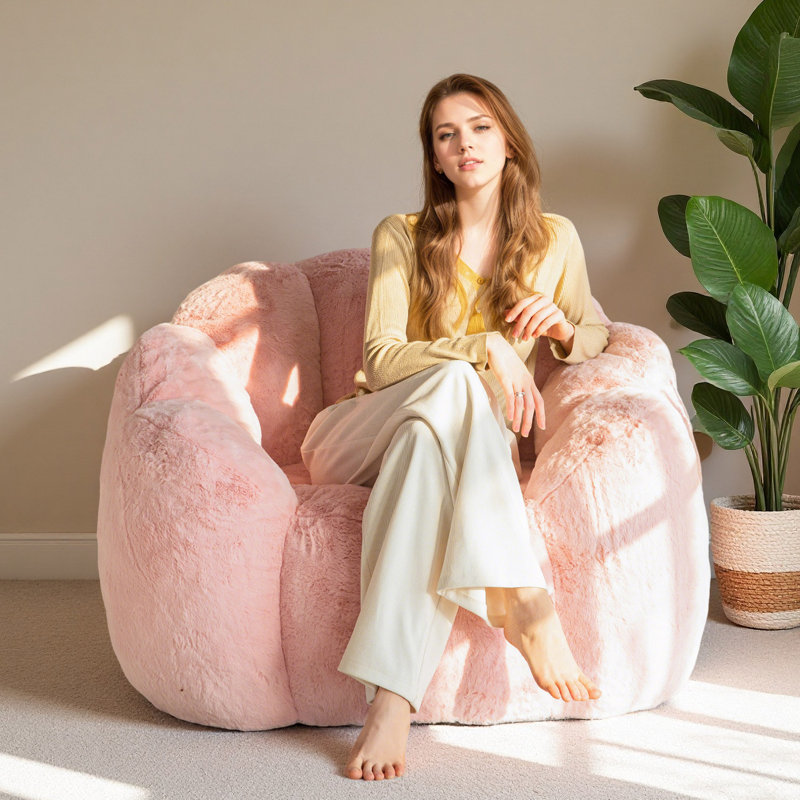 Floral Shaped Bean Bag Chair, Pink Faux Fur , Single
