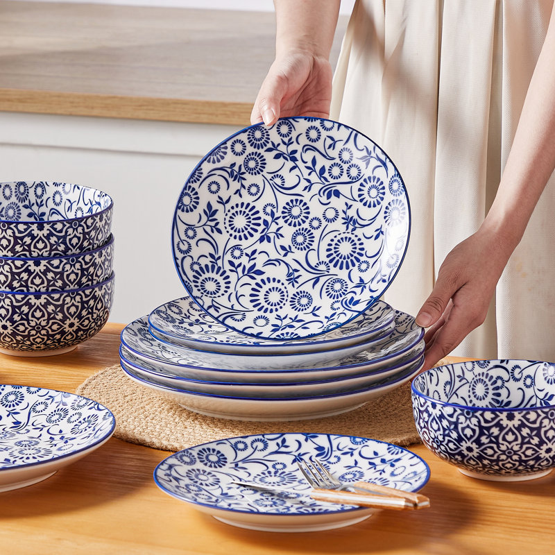 12 Pieces Porcelain Dinnerware, Round Plate, Dinner Plate, Dessert Plate And Bowl, Serve For 4 Person, Blue And White Porcelain, Ceramic Decal, Four Different Paintings