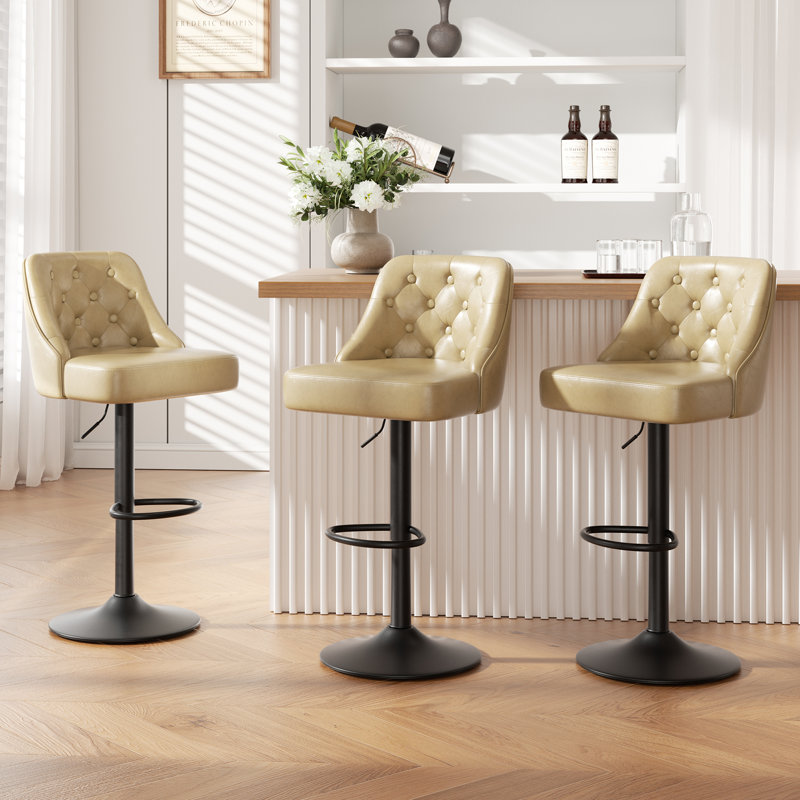 Tabouret de bar rotatif à 360 degrés en faux cuir avec coutures à boutons, Kaki