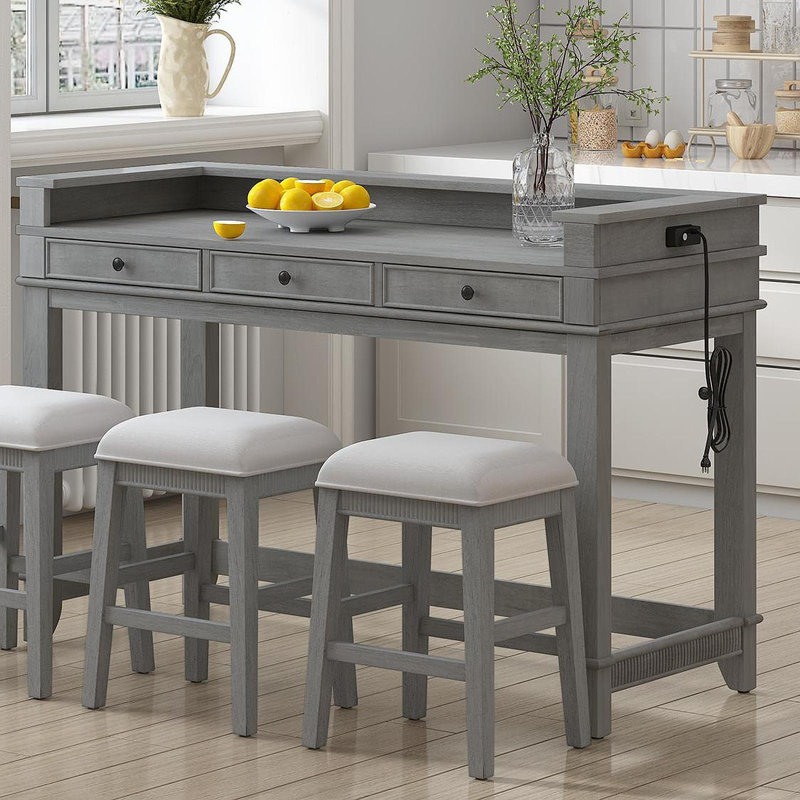Ensemble de table de salle à manger 4 pièces pour 3 personnes, ensemble de table et chaises de cuisine rétro avec 3 tiroirs de rangement, idéal pour les petits espaces (gris clair)