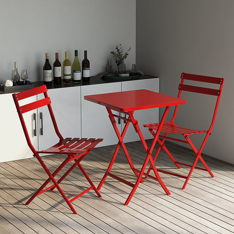 3 Piece Patio Bistro Set Of Foldable Square Table And Chairs, Red
