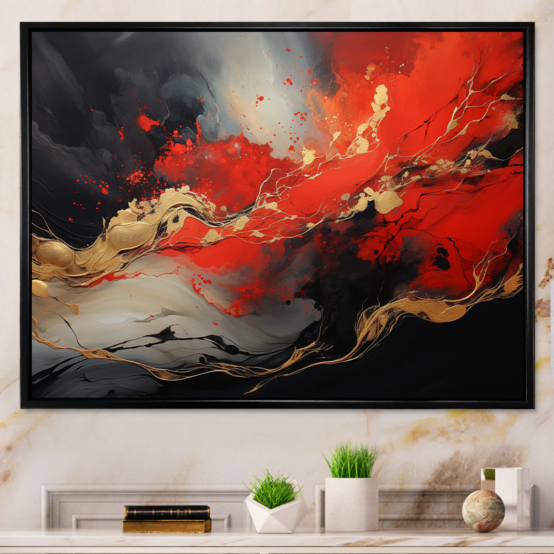 Volcan rouge et doré I - art mural abstrait, Cadre flottant noir, H 30 po x l 40 po x P 1,5 po