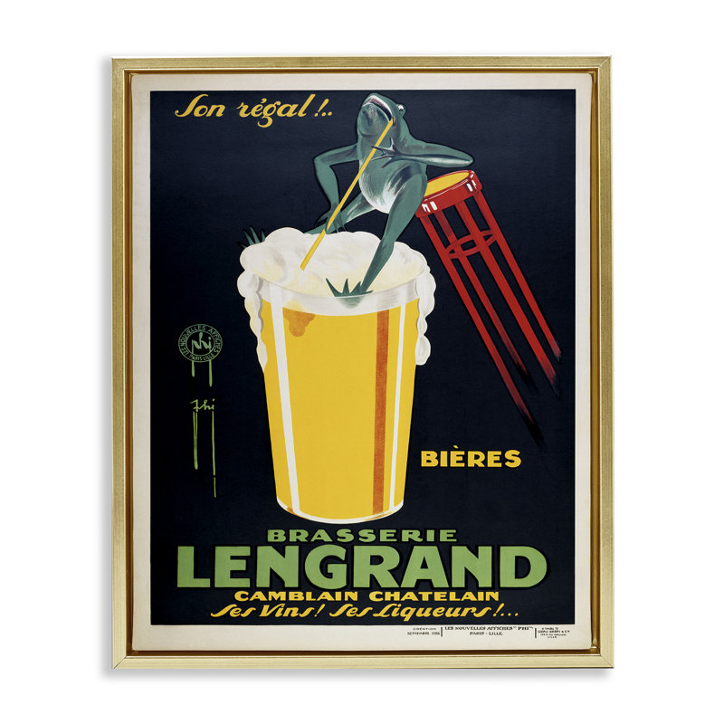 «Antique Frog & Beer», art mural encadré flottant sur toile, design par Marcus Jules, H 21 po x l 17 po
