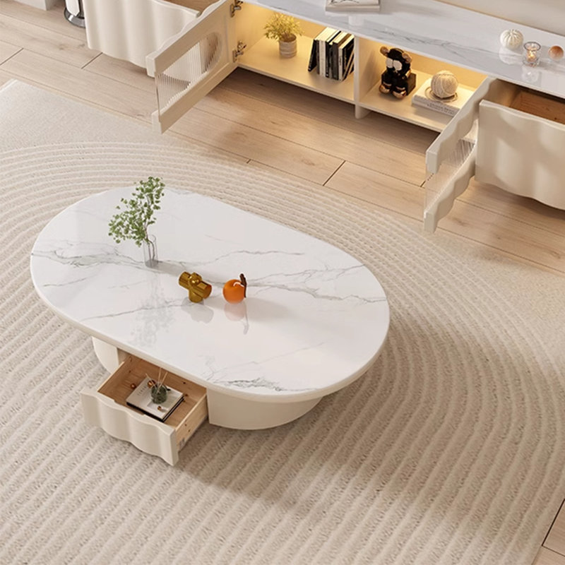 Modern Cream Marble Coffee Table, 16.1" H x 51.2" L x 27.6" W
