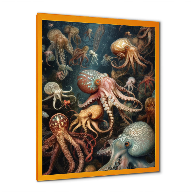 Beaucoup de calamars - animaux, pieuvre, art mural, salon, H 40 po x l 30 po x P 1,5 po, Encadrement doré
