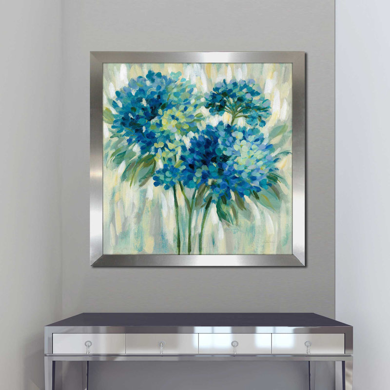 Éclat d'hortensias - Peinture, Encadrement argenté, H 25,5 po x l 25,5 po x P 1 po