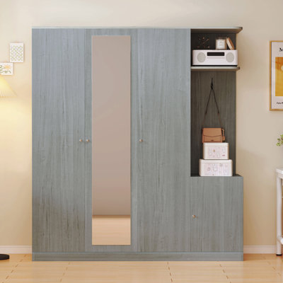 4-Door Wardrobe With Shelves, Drawers, And Full-Length Mirror