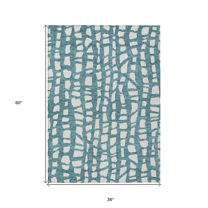 Tapis d'extérieur lavable abstrait bleu sarcelle et ivoire 3 pi x 5 pi