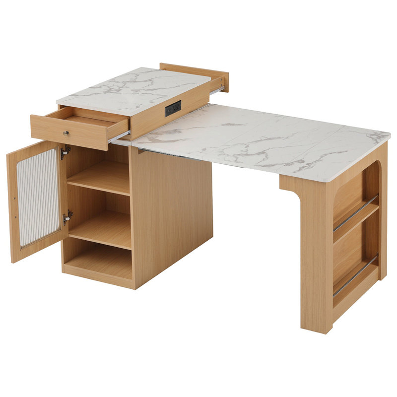 Îlot de cuisine 59,5 po avec table de salle à manger extensible K&K, table de rangement avec rangement double-face, îlot de cuisine avec 2 tiroirs, prise de courant, tablettes ouvertes sur le côté