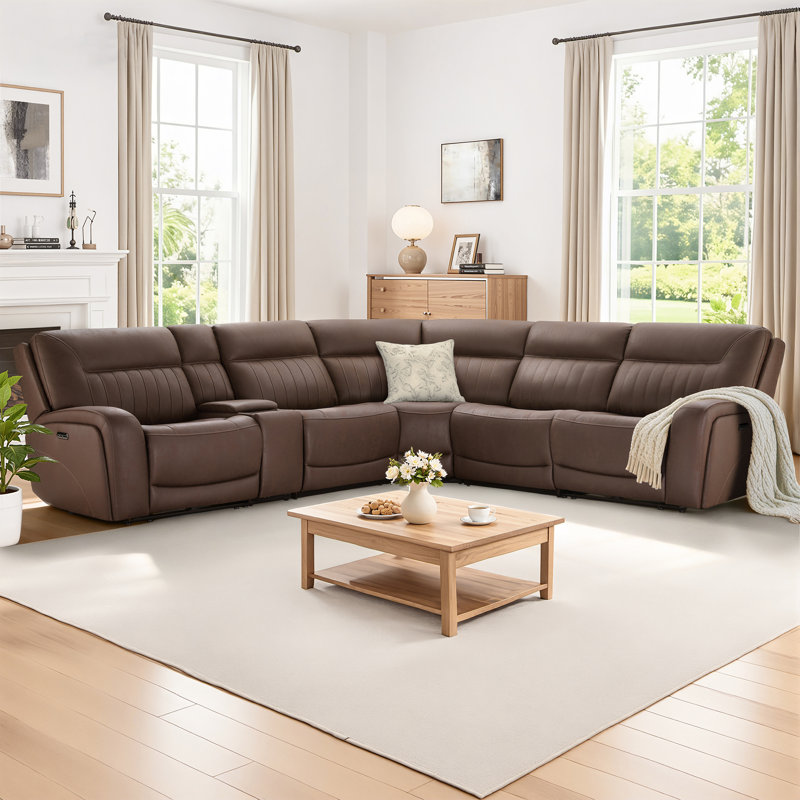 Upholstered Zero Gravity Power Reclining Sectional with Console, Wireless Charging & Hidden Cup Holders, Splash Chocolate