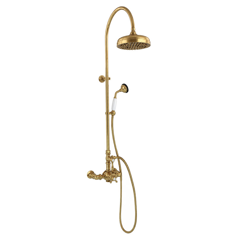 Système de douche thermostatique exposé 60 po mural avec douche à main 1,75 gal / min, Unlacquered Satin Brass