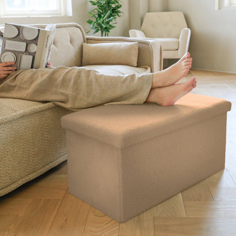 Go-Poufs Knock-Down Rectangular Teddy Boucle Storage Ottoman | 30"x15"x15" |, Tan Cotton Blend